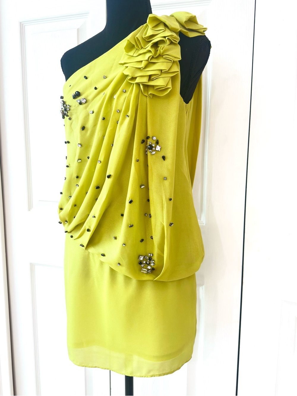 Ark & Co Chartreuse One Shoulder Rhinestone Ruffle Cocktail Mini Dress - Picture 6 of 14